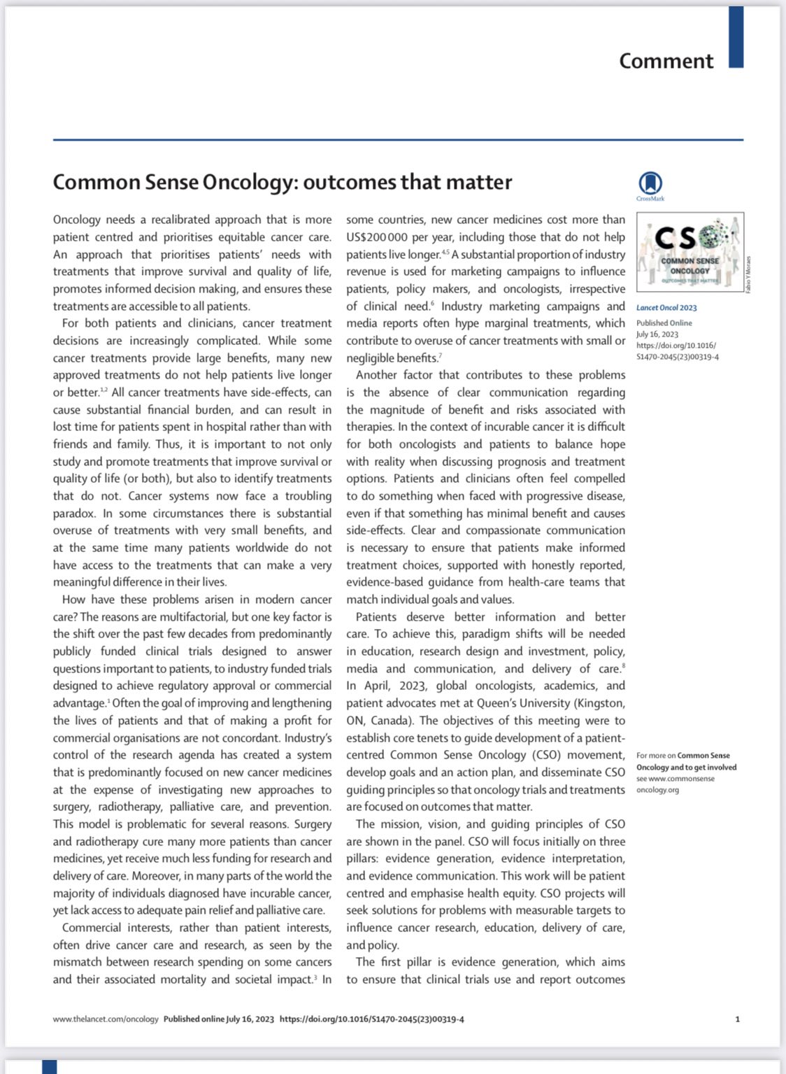 This Common Sense Oncology (CSO) manifesto is a must read for the oncology community - Nina Niu Sanford
