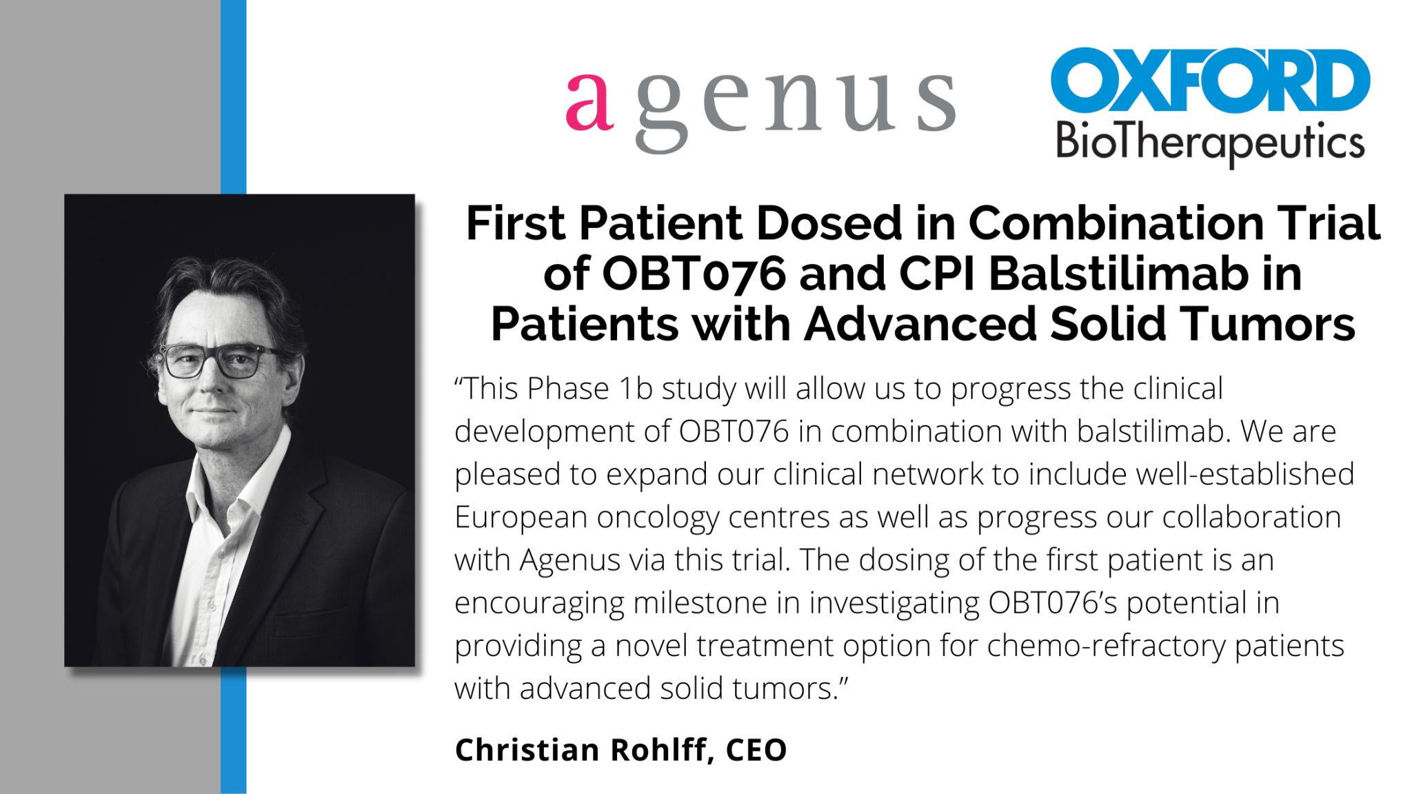 First patient dosed in combination trial of OBT076 and CPI Balstilimab - Oxford BioTherapeutics