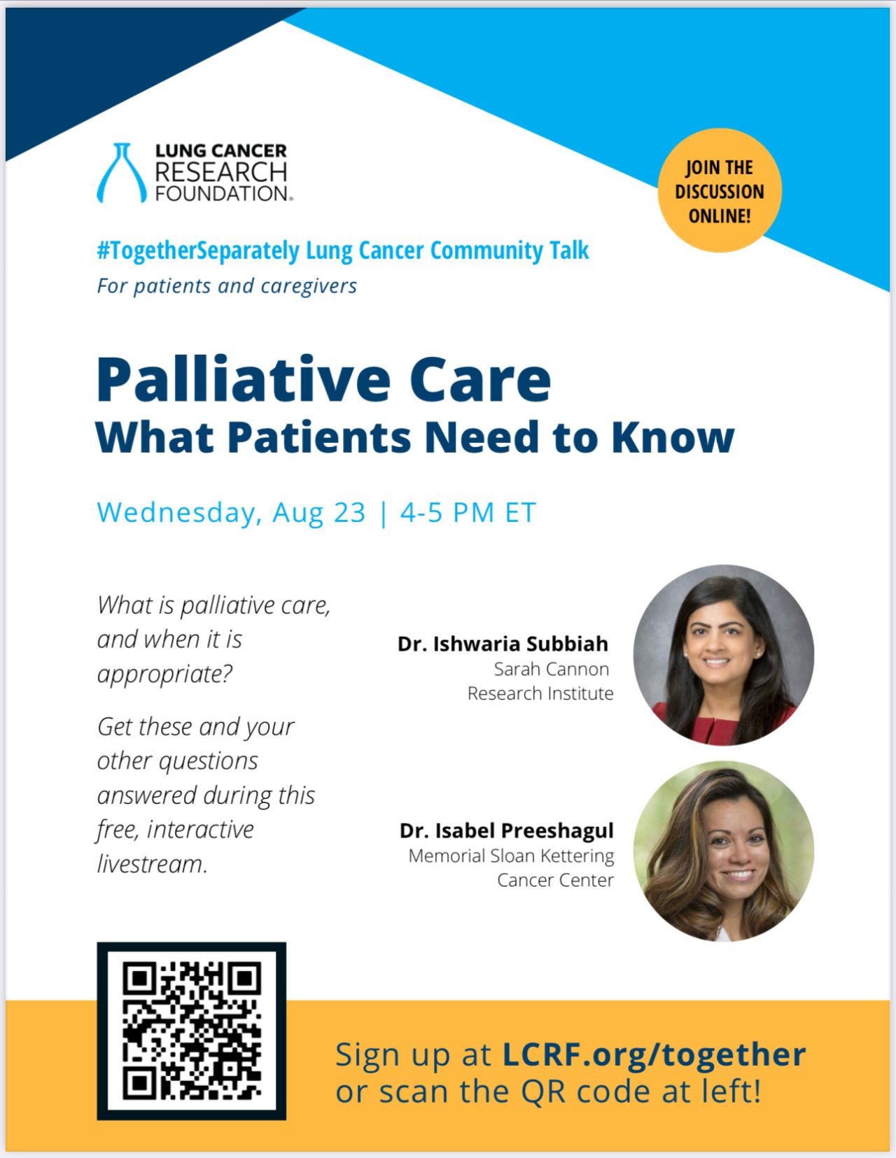 Ishwaria Subbiah: Can’t wait to join Lung Cancer Research Foundation Aug 23 to explore the role of a multidisciplinary holistic team-based supportive care and palliative care and share our experiences at Sarah Cannon Research Institute.