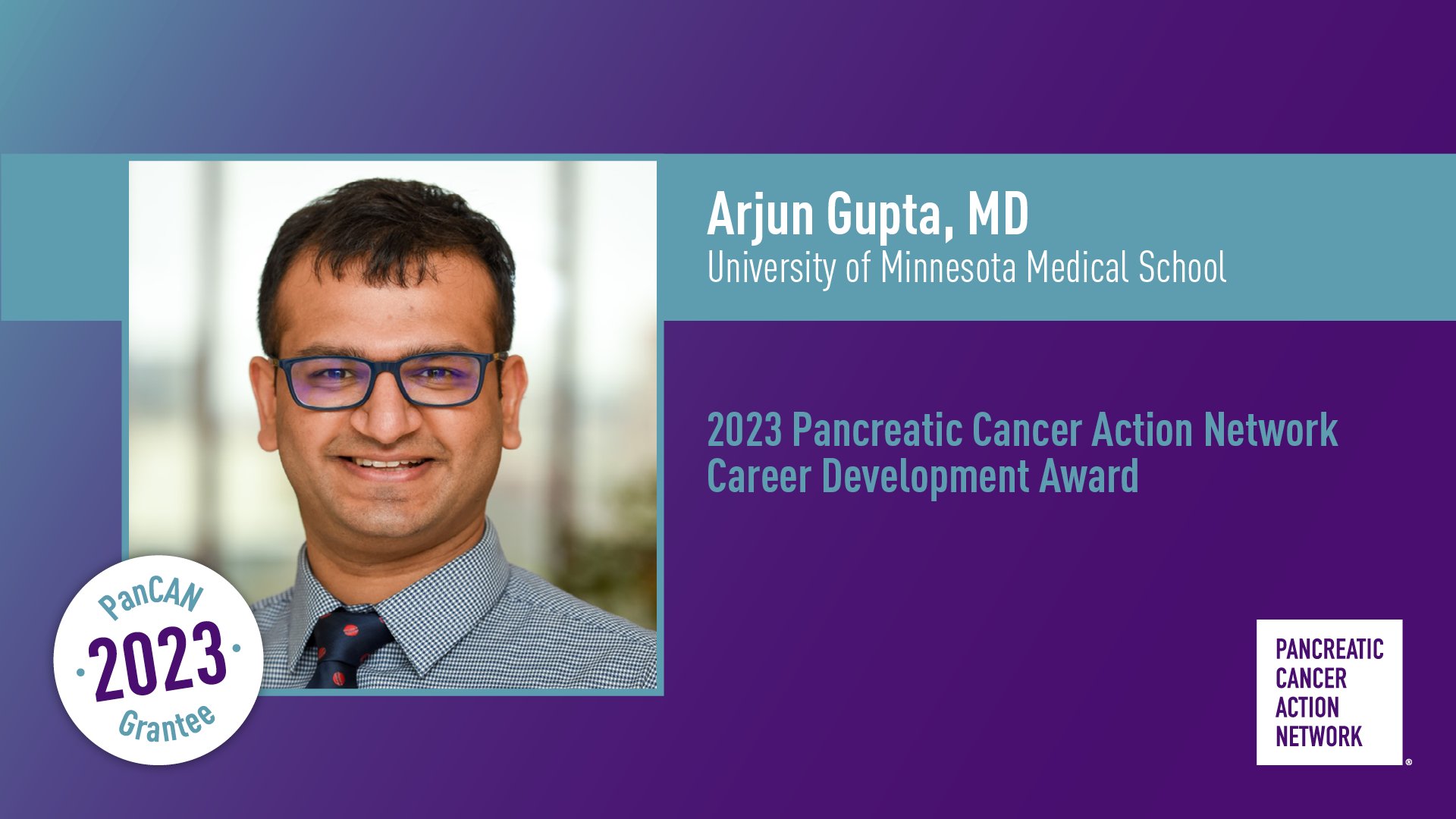 We're thrilled to award our 2023 PanCAN Career Development Award to Arjun Gupta. - Pancreatic Cancer Action Network