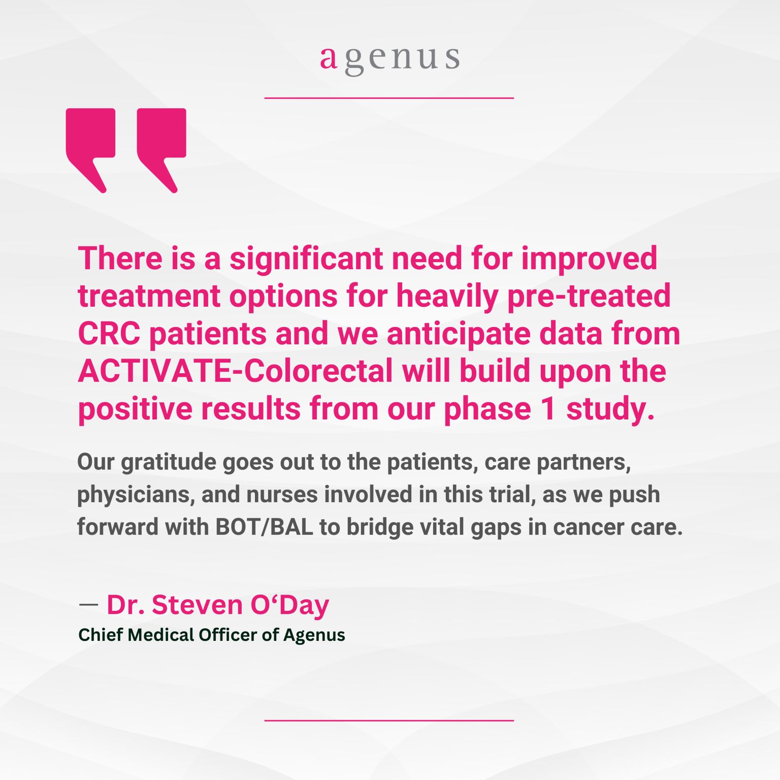 Agenus completed the planned patient enrollment of its Phase 2 clinical trial evaluating investigational agents botensilimab (BOT) and balstilimab (BAL) in advanced colorectal cancer. - Agenus