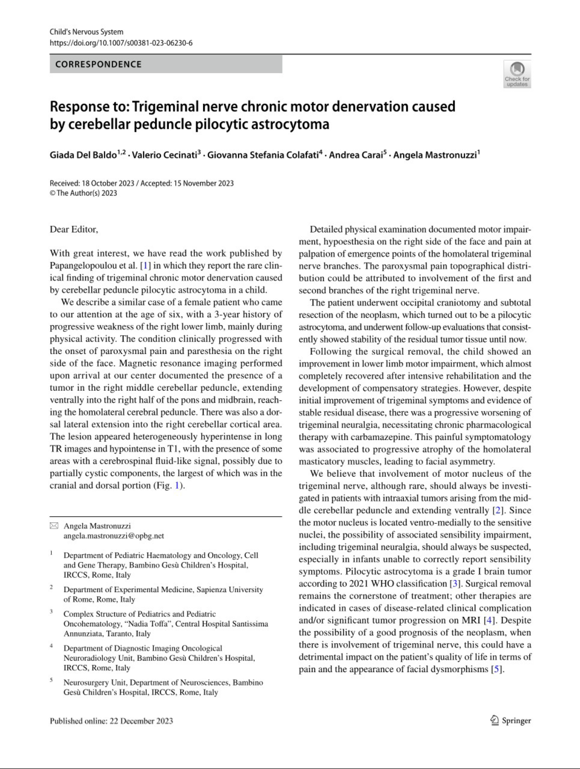 Angela Mastronuzzi: Our Letter to the Editor is out with Child's Nervous System journal