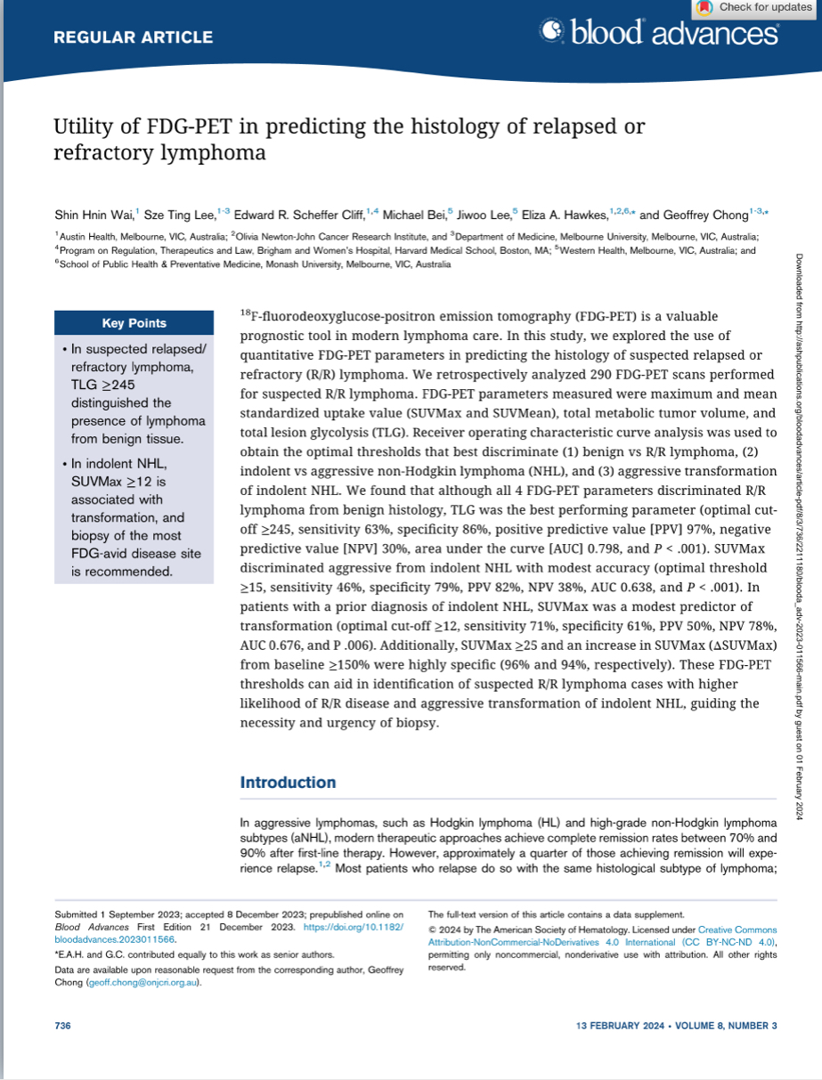 Edward Cliff: Congrats to my co-registrar Shin Wai for leading this in-depth analysis of PET radiomics to predict lymphoma relapse histology