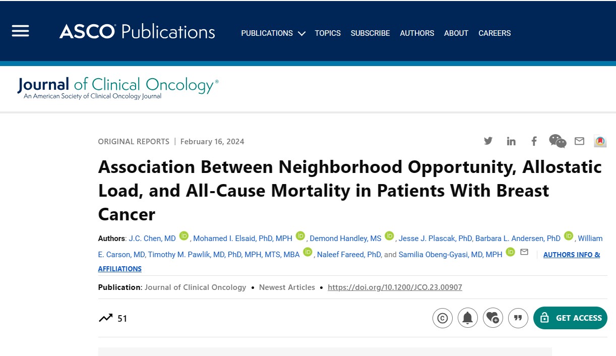 Patients with breast cancer residing in areas with low opportunity have high allostatic load and worse mortality - Journal of Clinical Oncology