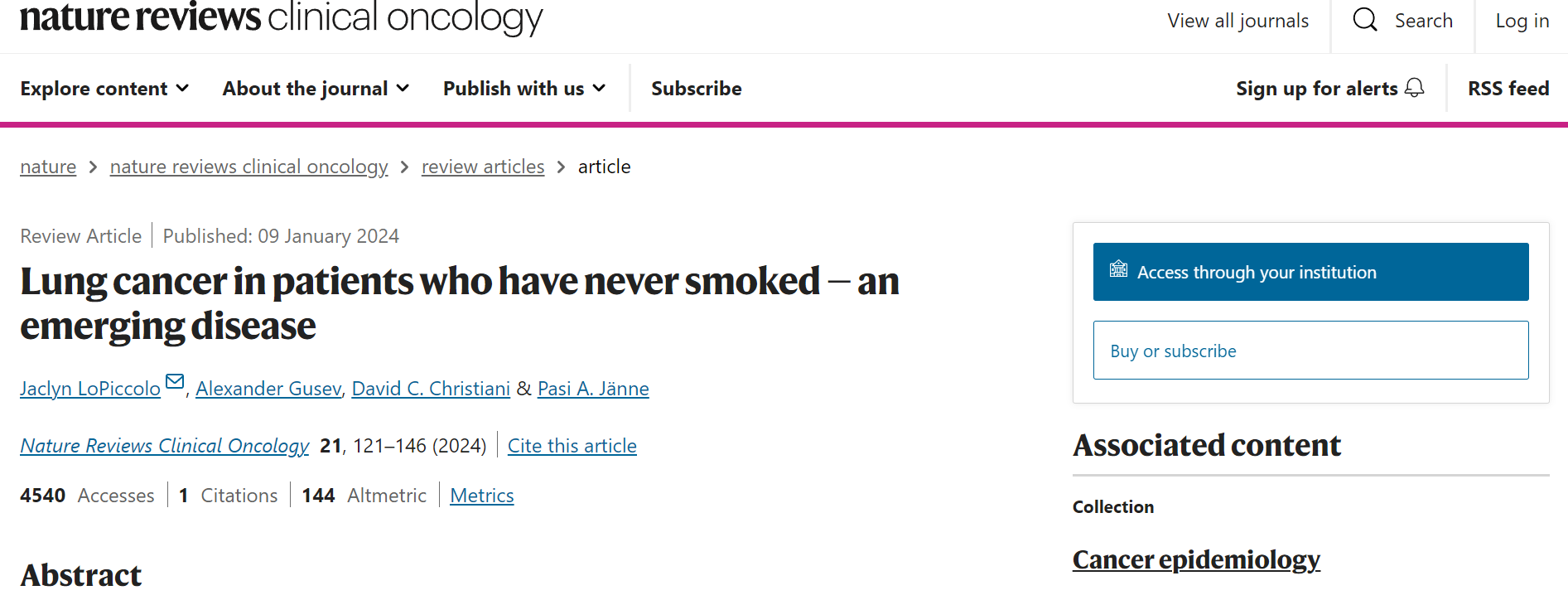 Lung cancer in patients who have never smoked — an emerging disease - Top Biomedical Science