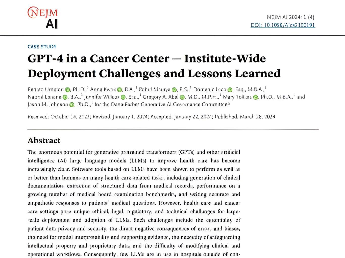 Douglas Flora: NEJM AI and the team at Dana-Farber Cancer Center just published a great case study in which they revealed some insights following the (careful) deployment of generative AI